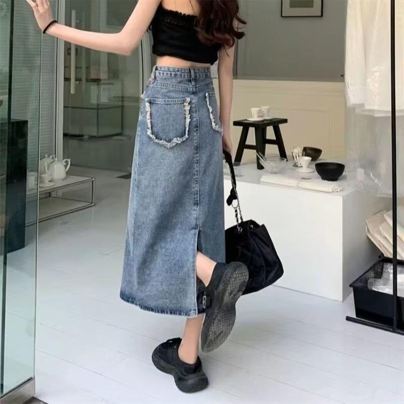 Retro pocket frayed design split Denim skirt Womens Mid-length skirt 2024 new summer Korean style fashion Blue