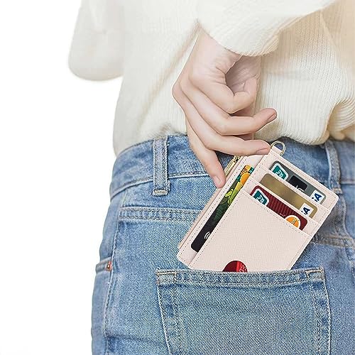 Suweibuke Slim Pocket Wallet, RFID Blocking Credit Card Holder Wallet with D-Shackle ID Window and Detachable keychain for Women (A-Beige) - Image 4