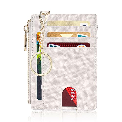Suweibuke Slim Pocket Wallet, RFID Blocking Credit Card Holder Wallet with D-Shackle ID Window and Detachable keychain for Women (A-Beige) - Image 1