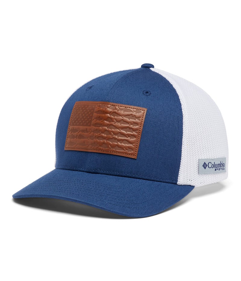 Columbia Unisex PFG Leather Fish Flag Mesh Ball Cap, Carbon/White, S/M - Image 1