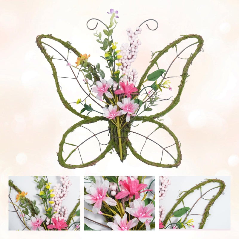 idyllic Butterfly Shaped Wreath with Pastel Berries and Floral Spring Artificial Wreaths for Front Door Decorï¼ˆPinkï¼‰ - Image 3