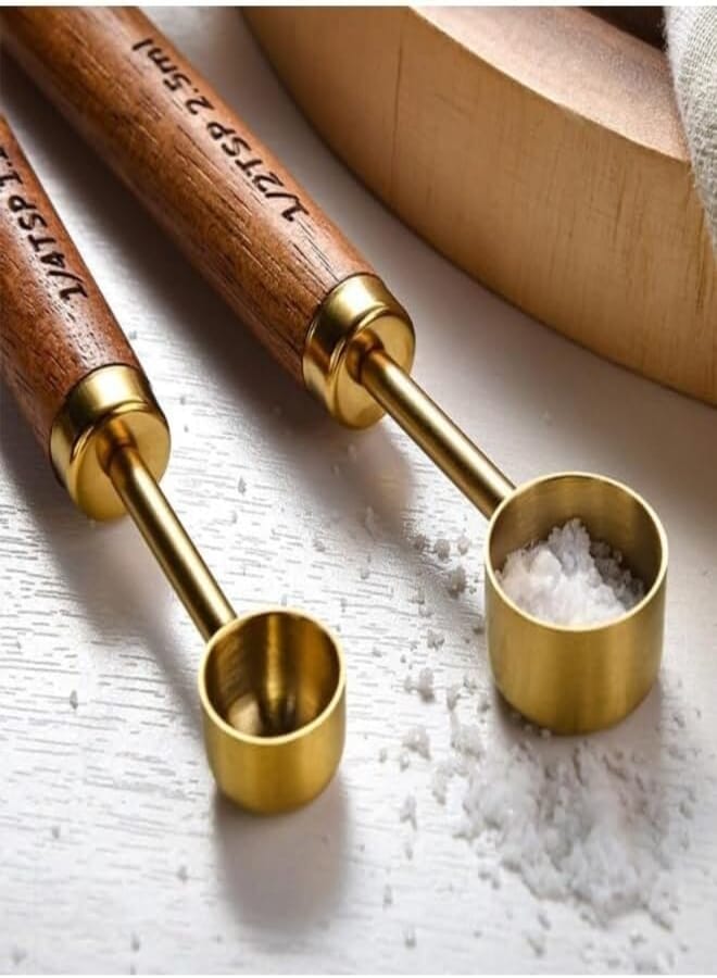 Happy Home 2-Piece Wooden Handle Measuring Spoon Stainless Steel Gold Baking Tools Liquid Sugar Measuring Tools 2.5ml, and 1.25ml