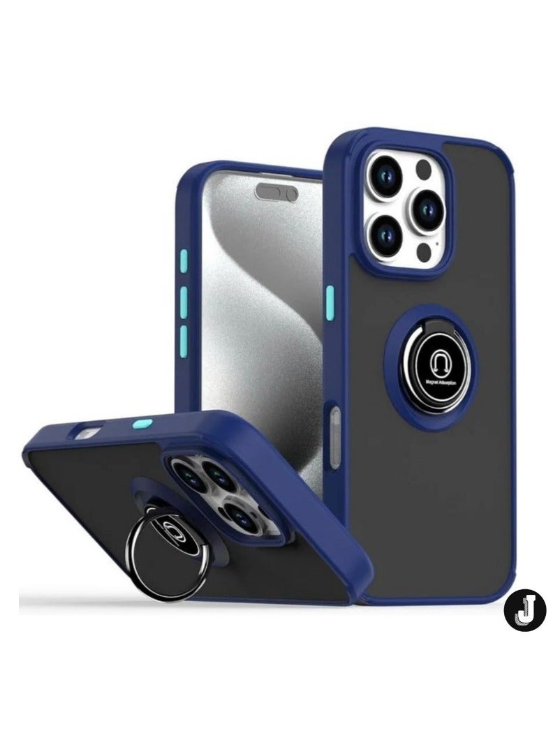 JAJEEK iPhone 16 Pro Max Case Cover – Blue Matte Shockproof Bumper with Metal Ring Holder Kickstand & Car Magnetic Mount - Image 1