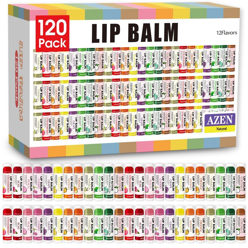 AZEN 120 Pack Lip Balm, Natural Lip Balm Bulk, Lip Care Product, Moisturizing Lip Balms for dry cracked lips, Valentines Gifts Easter Basket Stuffers - 12 Flavors - Image 1