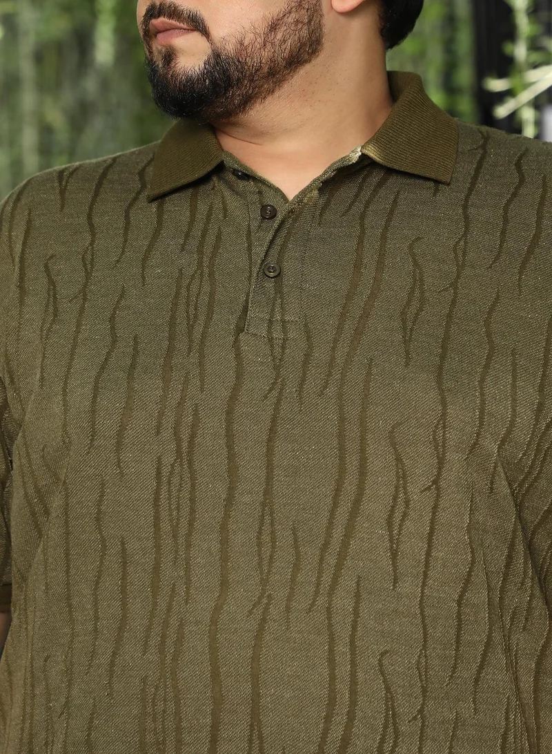 Instafab Plus  Men's Dark Olive Crevice-Jacquard Polo T-Shirt for Men | Best Price UAE