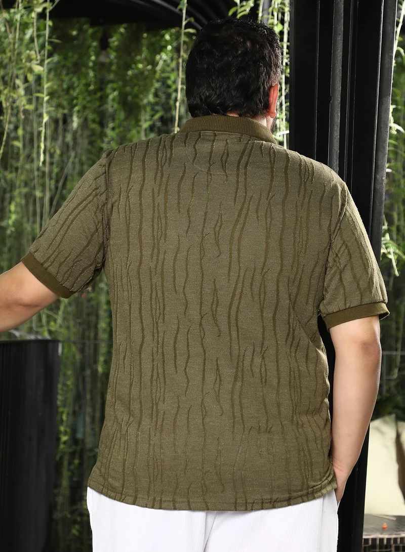 Instafab Plus  Men's Dark Olive Crevice-Jacquard Polo T-Shirt for Men | Best Price UAE