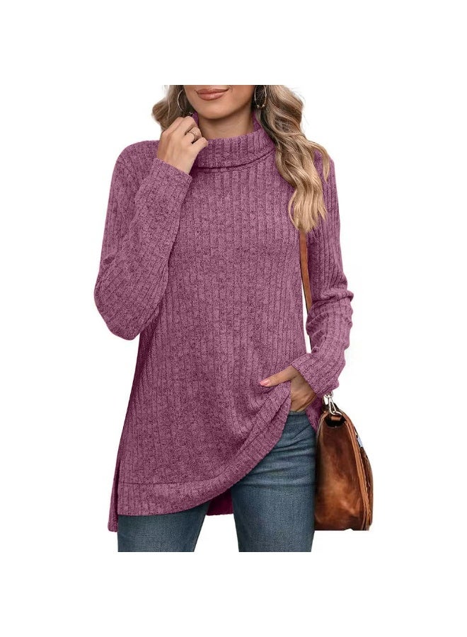 general Women's loose high-neck slit ribbed solid color T-shirt for autumn and winter 2025-2026 - Image 1