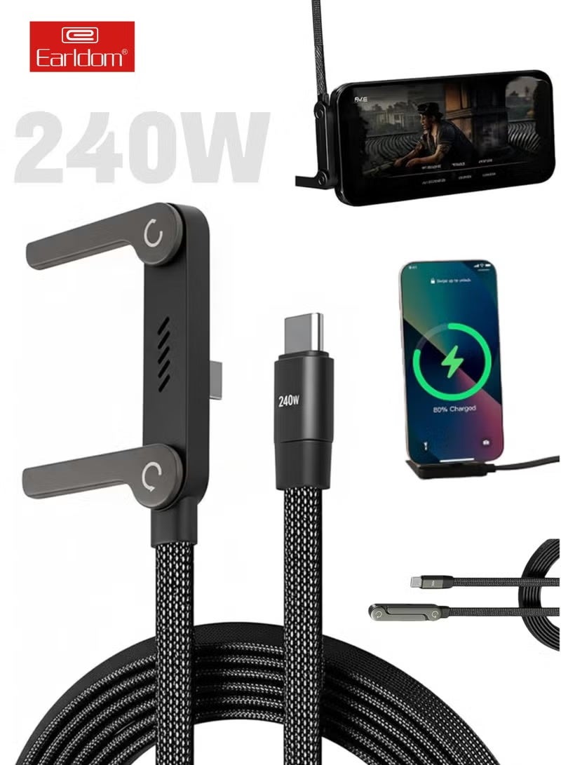Earldom 2-in-1 Foldable Phone Stand USB-C to USB-C Cable 240W Fast Charging, 1.5M Braided Type-C Cable with Invisible Stand, PD Fast Charger Cord for Smartphones, Tablets, Laptops & USB-C Devices - Image 1