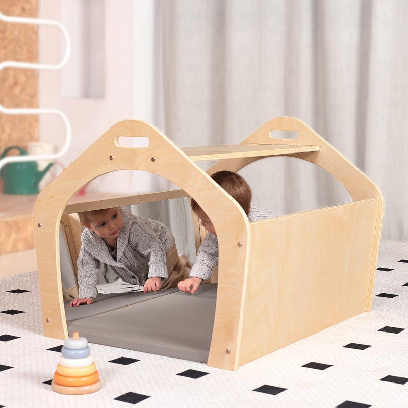 KRAND Wooden Playhouse for Toddlers w/Double Non-Shatter Safety Mirrors, Montessori Crawling Tunnel/Crawl-Through Play Set for Children and Kids, Daycare and Preschool Playroom(with Cushion) - Image 2