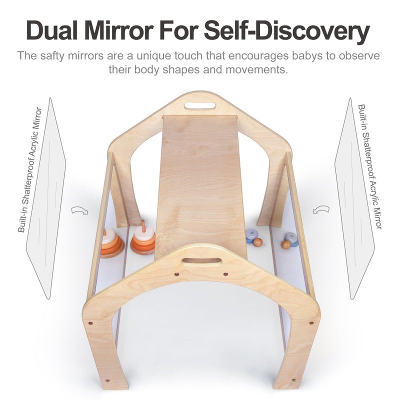 KRAND Wooden Playhouse for Toddlers w/Double Non-Shatter Safety Mirrors, Montessori Crawling Tunnel/Crawl-Through Play Set for Children and Kids, Daycare and Preschool Playroom(with Cushion) - Image 5