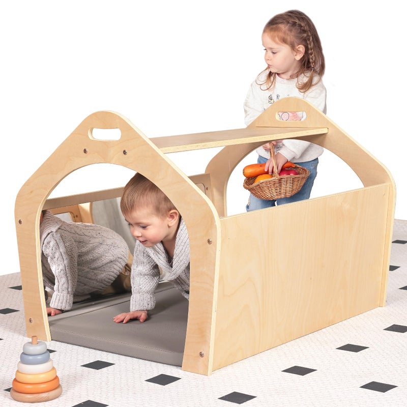KRAND Wooden Playhouse for Toddlers w/Double Non-Shatter Safety Mirrors, Montessori Crawling Tunnel/Crawl-Through Play Set for Children and Kids, Daycare and Preschool Playroom(with Cushion) - Image 1