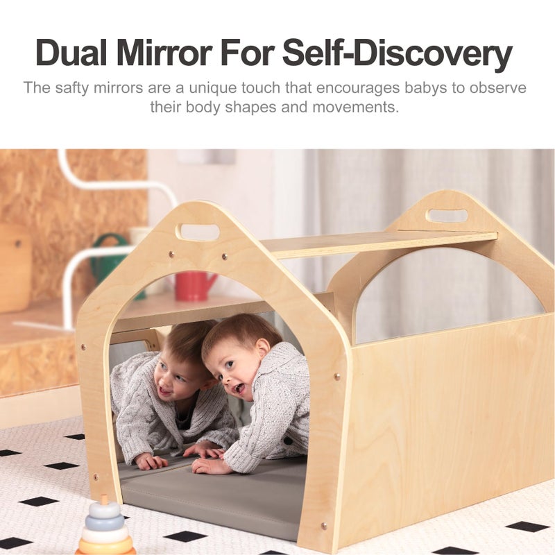 KRAND Wooden Playhouse for Toddlers w/Double Non-Shatter Safety Mirrors, Montessori Crawling Tunnel/Crawl-Through Play Set for Children and Kids, Daycare and Preschool Playroom(with Cushion) - Image 4