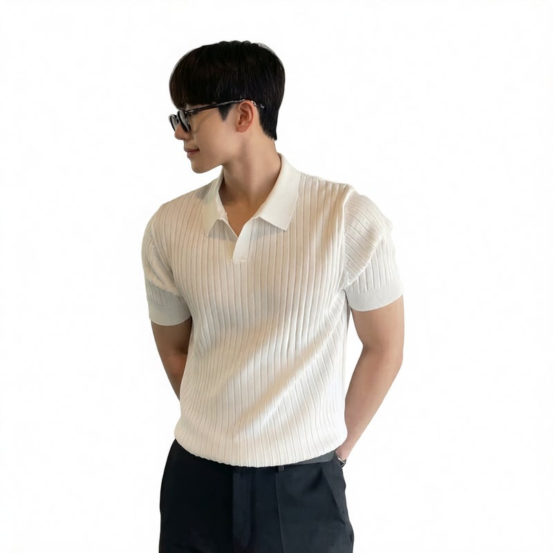 Men's Casual Knit Polo Shirt Short Sleeve Slim Fit Turn-Down Collar T-Shirt - Image 1