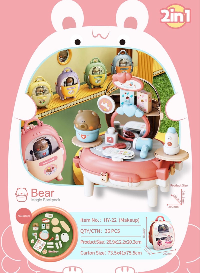Kids 2 in 1 Makeup Backpack, Dressing Table Toys for Children, Pretend Role Play Toys with Beauty Accessories for Girls Boys - Image 1