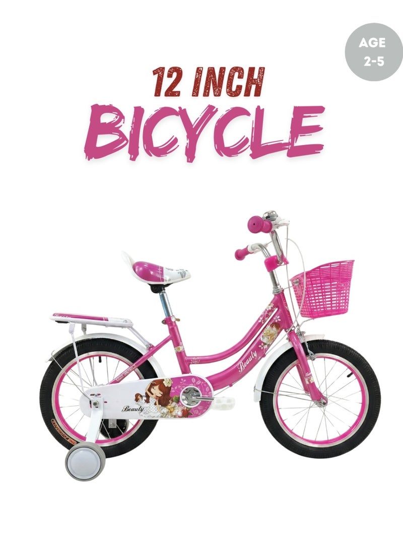 أسباير بوكس Aspire Books Beauty 12-Inch Kids’ Bicycle for Girls, Ages 2–5 Years – Pink Toddler Bike with Training Wheels, Front Basket, Rear Seat, and Adjustable Saddle –[ GDBT 12'' ATB ] - Image 1