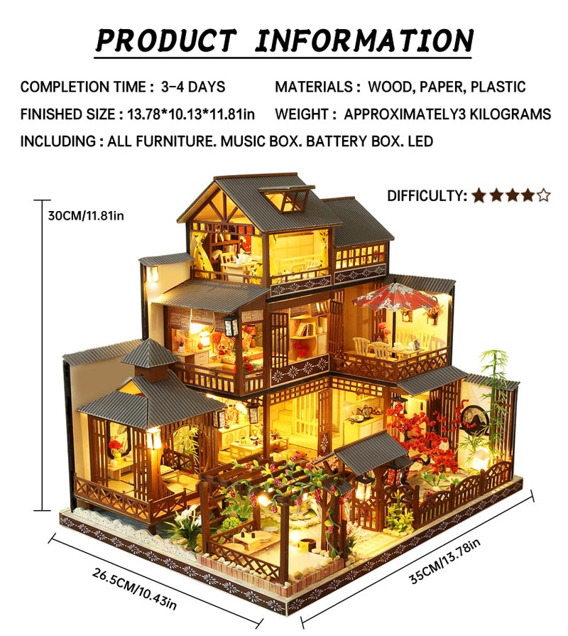 Spilay DIY Dollhouse Miniature with Wooden Furniture,DIY Dollhouse Kit Big Japanese Courtyard Model with LED & Music Box,1:24 Scale Creative Room Gift Idea for Adult Friend Lover (Yaquan Courtyard) - Image 2