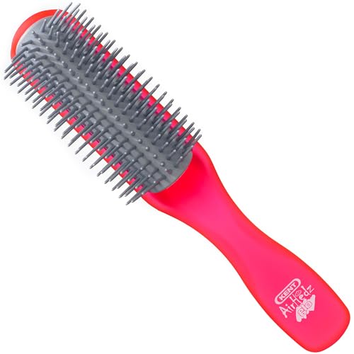 Kent AHGLO01 Airhedz Glo Red Half Round Narrow Detangling Hair Brush 9 Row Ionic Anti Static Non Scratch Long Nylon Bristle Great for Detangling and Smoothing Medium to Long Length Hair