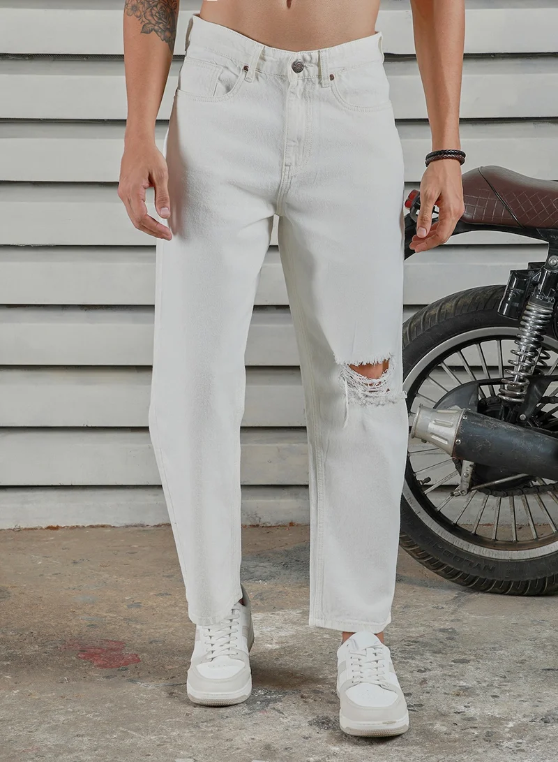 هاي ستار جينز رجالي واسع بطول كامل قطن 1% بلون أوف وايت مبيض