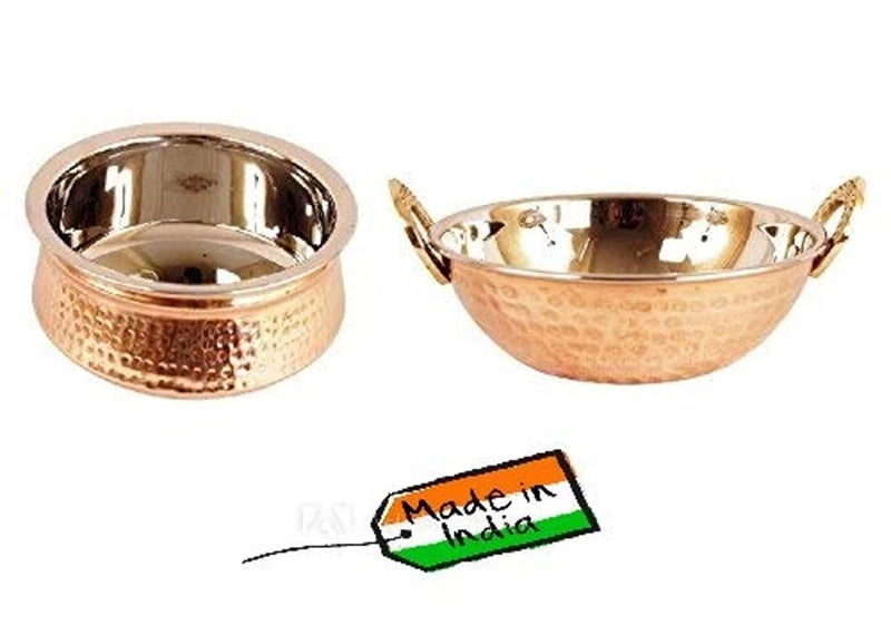 Skywalk Steel Copper Set of 1 Dish Serving Handi 300 ML with 1 Kadhai Karahi Kadai Wok 350 ML - Serving Dishes Vegetables Home Hotel Restaurant Tableware Serveware,Copper Handi+Copper karahi Combo - Image 1