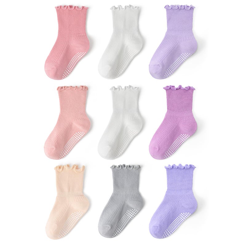 Bearbay 6 Pairs non-slip ruffle socks for baby girls toddler girls，cute grippy comfortable ankle socks for all seasons, 9 Pairs-mix Pink, 1-3 Years - Image 1