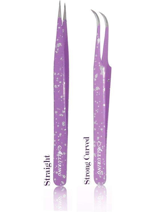 Eyelash Extension Alluring Purple With Glitters Tweezers Pro Straight  Strong Curved