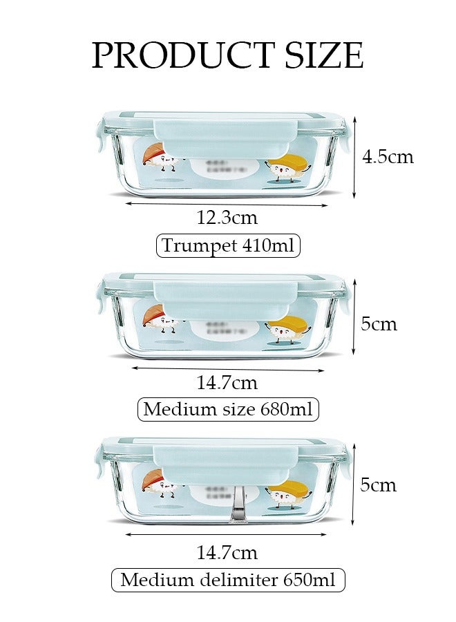 Loquat 3 pieces glass kitchen meal preparation containers, lunch glass bowls, refrigerator frozen food sealed storage boxes, 410ml, 680ml, 650ml, with durable lock covers, children's and adult glass bento - Image 2