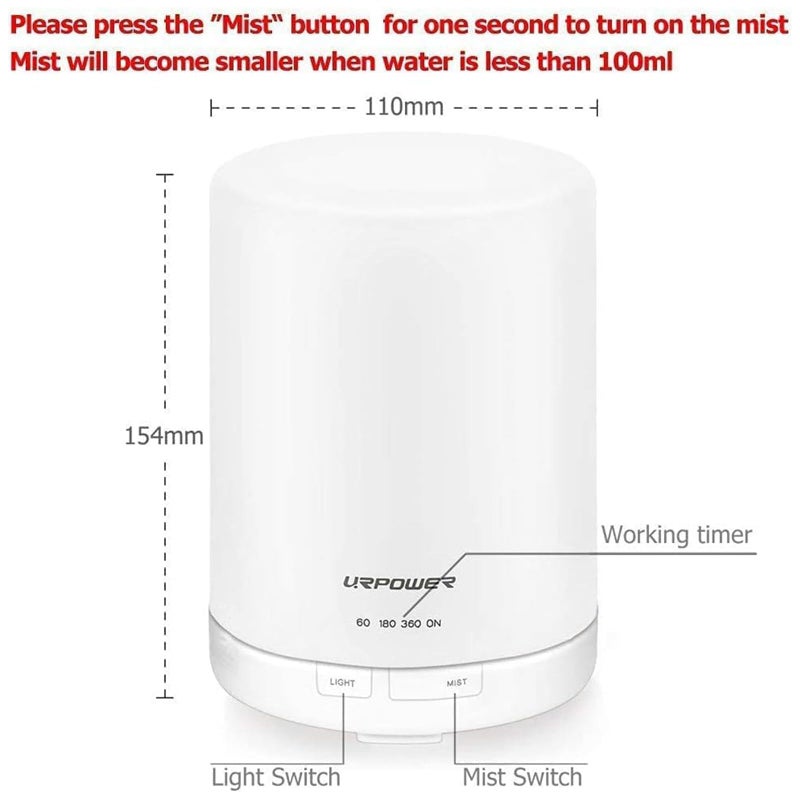 URPOWER 2nd Gen 300ml Aroma Essential Oil Diffuser Night Light Ultrasonic Air Humidifier with AUTO Shut Off and 6-7 Hours Continuous Diffusing - 7 Color Changing LED Lights and 4 Timer Settings - Image 5