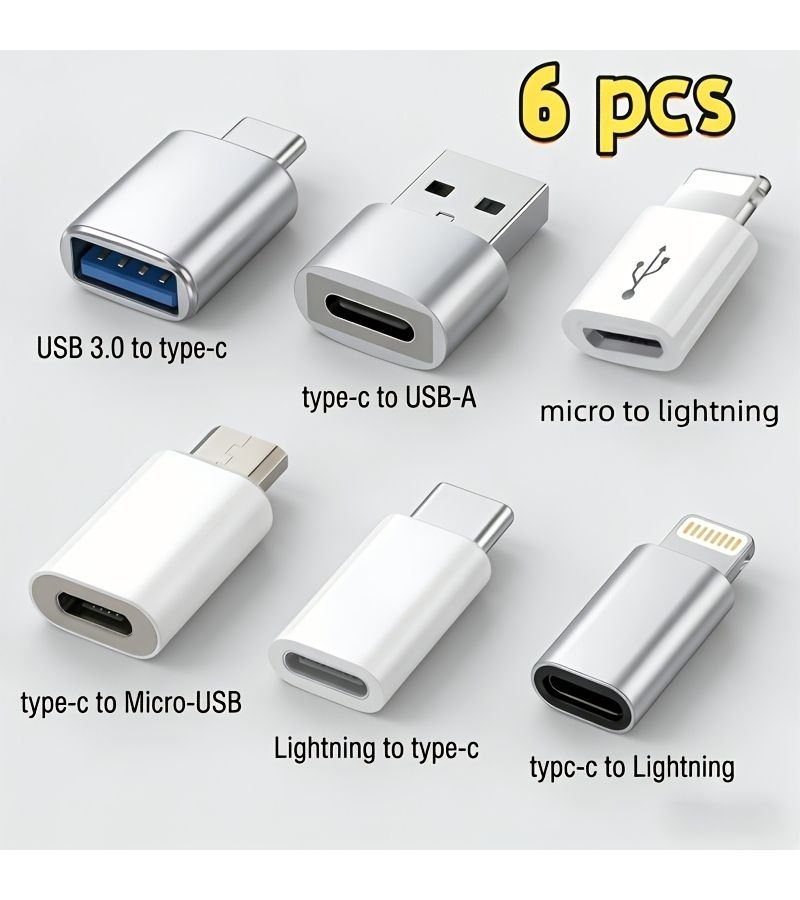 6 In 1 Silvery White USB C Adapter Set Fast Charging Data Transmission For Phones Tablets - Image 1
