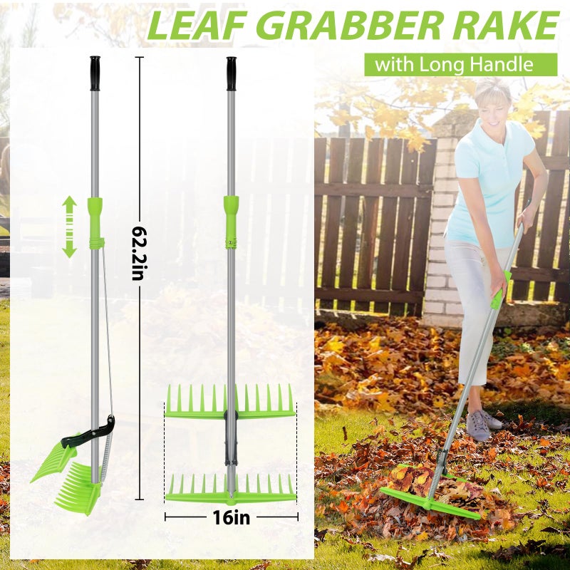 Axcoix 2-in-1 Leaf Grabber Rake, Back Saving Leaf Collector Tool with Long Handle, Efficient Leaf Picker Upper Grabber, Leaves Pickup Shovel for Lawns Yard Work Gardening - Image 4