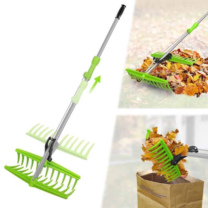 Axcoix 2-in-1 Leaf Grabber Rake, Back Saving Leaf Collector Tool with Long Handle, Efficient Leaf Picker Upper Grabber, Leaves Pickup Shovel for Lawns Yard Work Gardening - Image 1