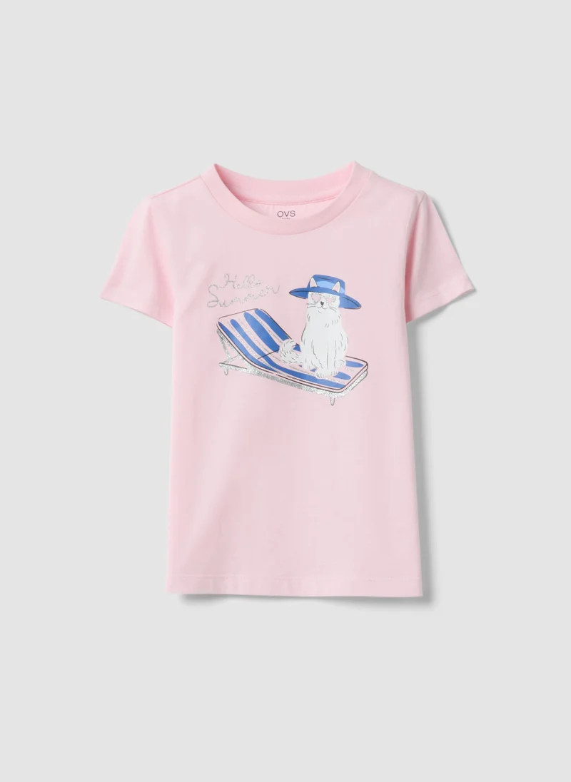 او في اس OVS Girlsâ€™ Pink Organic Cotton T-Shirt With Print And Glitter