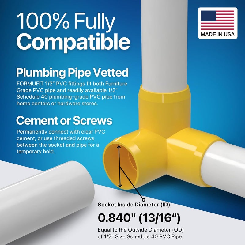 FORMUFIT 1/2” 3-Way Elbow Furniture Grade PVC Fitting in Yellow, Made in USA, UV-Resistant, Impact-Proof, 0.840” Actual Socket Diameter (Pack of 10) - Image 5