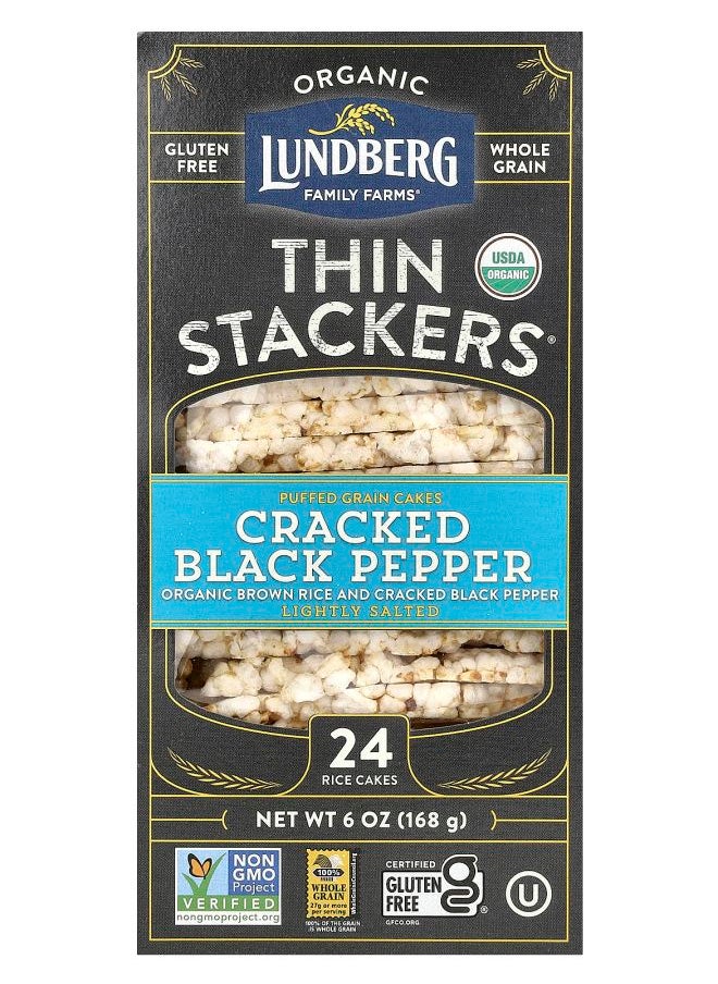 Lundberg - Organic Thin Stackers Puffed Grain Cakes Cracked Black Pepper Lightly Salted 24 Rice Cakes 6 oz (168 g) - Image 1