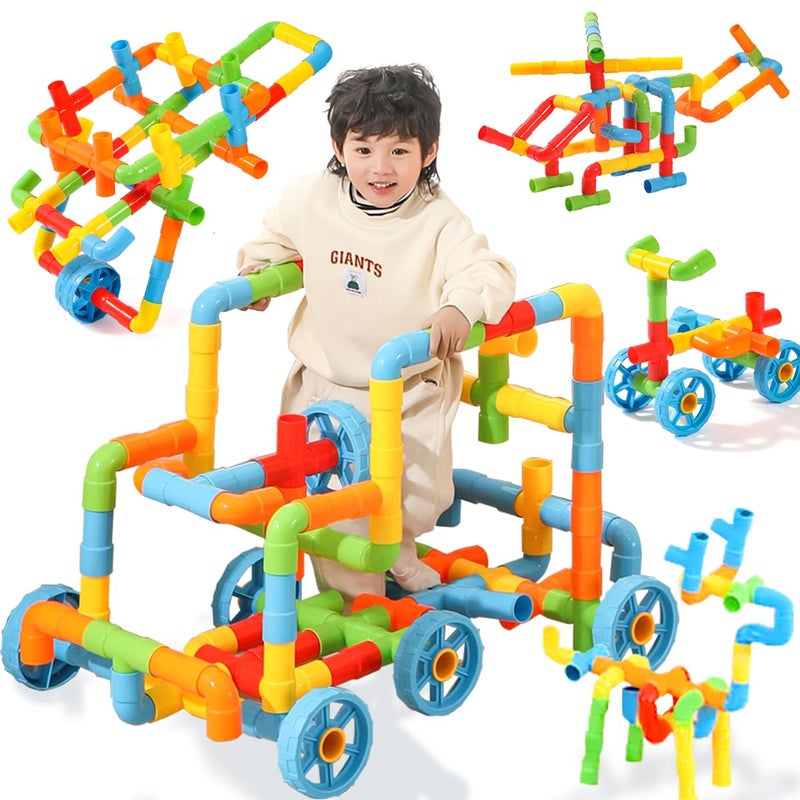 RAINBOW TOYFROG Fun Plus Size 156 Piece Pipe Building Blocks Set for Kids 48 Toddlers Daycare Educational STEM Interlocking Pipes Tubes Construction Blocks Makes Variety of Cars Push Toys - Image 3