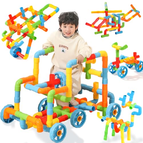 RAINBOW TOYFROG Fun Plus Size 156 Piece Pipe Building Blocks Set for Kids 48 Toddlers Daycare Educational STEM Interlocking Pipes Tubes Construction Blocks Makes Variety of Cars Push Toys - Image 1