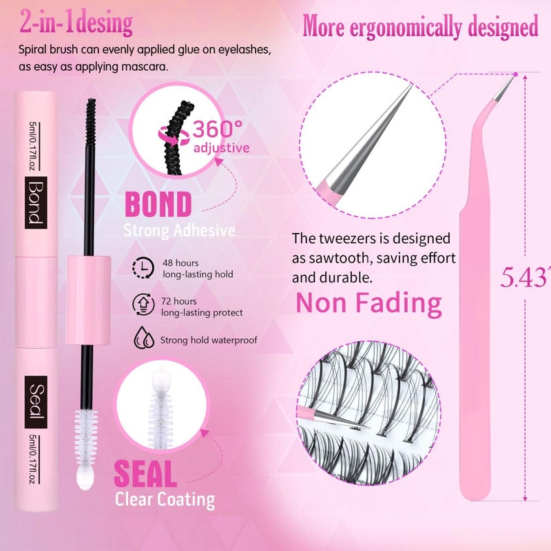 Geeneiya Lash Clusters Kit Individual Lash Extension Kit DIY Multi-type D Curl Cluster Eyelash Extension Kit with Bottom Lashes, Waterproof Lash Bond and Seal Glue, Lash Tweezers (30D, 480PCS) - Image 4