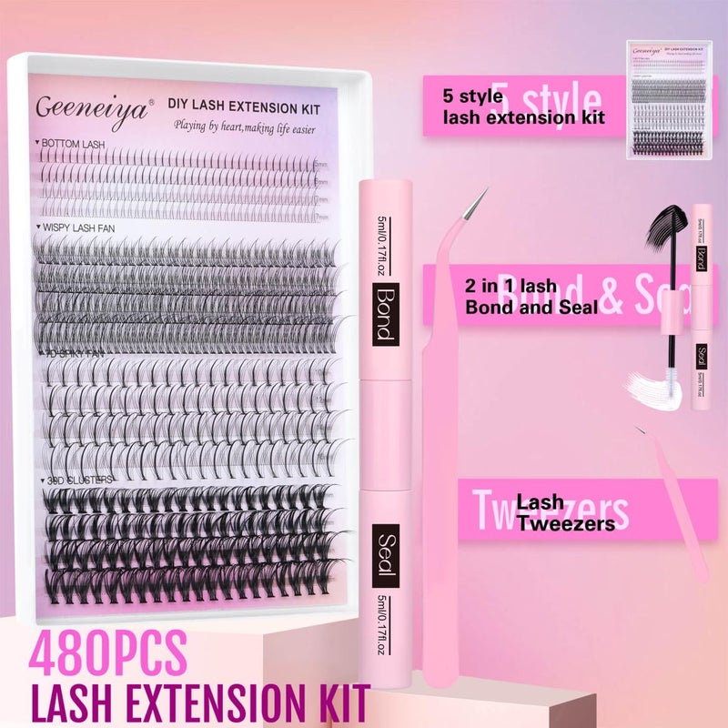 Geeneiya Lash Clusters Kit Individual Lash Extension Kit DIY Multi-type D Curl Cluster Eyelash Extension Kit with Bottom Lashes, Waterproof Lash Bond and Seal Glue, Lash Tweezers (30D, 480PCS) - Image 5