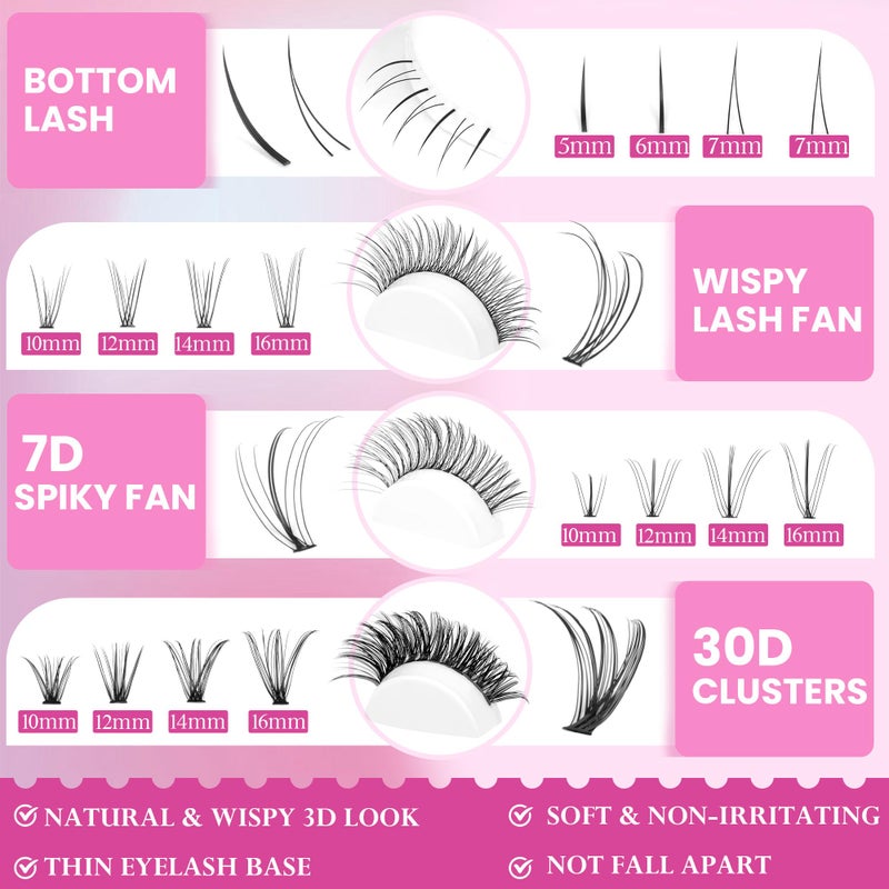 Geeneiya Lash Clusters Kit Individual Lash Extension Kit DIY Multi-type D Curl Cluster Eyelash Extension Kit with Bottom Lashes, Waterproof Lash Bond and Seal Glue, Lash Tweezers (30D, 480PCS) - Image 3