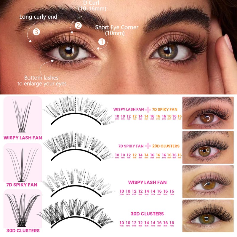 Geeneiya Lash Clusters Kit Individual Lash Extension Kit DIY Multi-type D Curl Cluster Eyelash Extension Kit with Bottom Lashes, Waterproof Lash Bond and Seal Glue, Lash Tweezers (30D, 480PCS) - Image 2