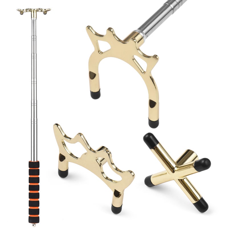 Retractable Billiards Cue Stick Bridge: Gold Stainless Steel Handle With Sponge Cover - 3 Replaceable Rotating Heads High Low Cross - Scratch-resistant Rubber Feet for Pool Table Play - Image 1