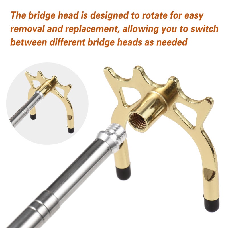 Retractable Billiards Cue Stick Bridge: Gold Stainless Steel Handle With Sponge Cover - 3 Replaceable Rotating Heads High Low Cross - Scratch-resistant Rubber Feet for Pool Table Play - Image 4