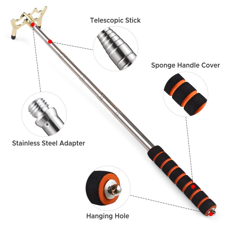 Retractable Billiards Cue Stick Bridge: Gold Stainless Steel Handle With Sponge Cover - 3 Replaceable Rotating Heads High Low Cross - Scratch-resistant Rubber Feet for Pool Table Play - Image 3