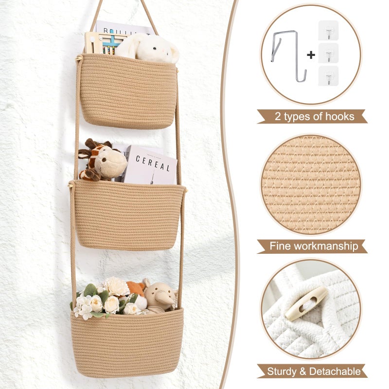 Degeyoyo Hanging Basket, 3-Tier Wall Baskets, Over the Door Organizer with 4 Hooks, Hanging Baskets for Organizing, Woven Storage Basket Behind the Door for Nursery, Bedroom, Living Room, Kitchen - Image 3