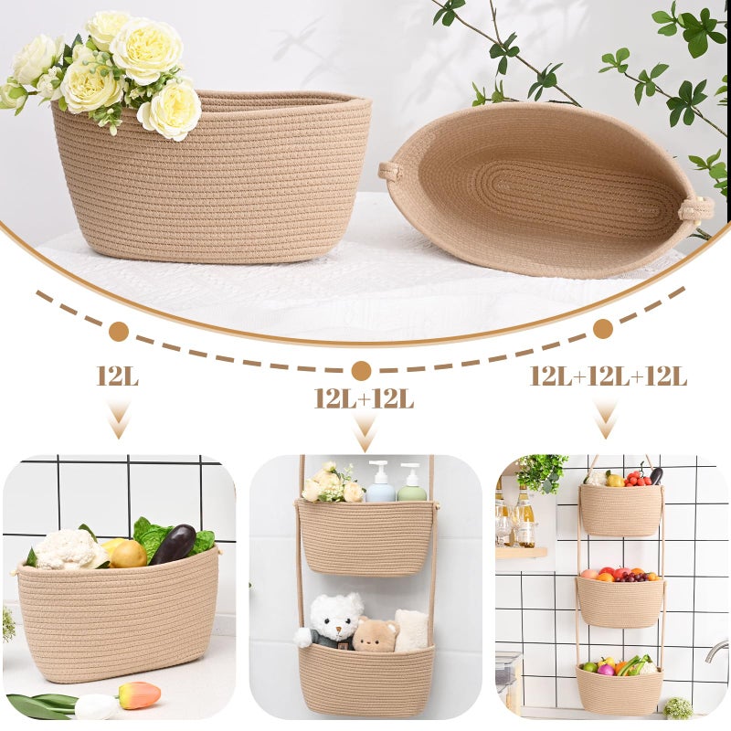 Degeyoyo Hanging Basket, 3-Tier Wall Baskets, Over the Door Organizer with 4 Hooks, Hanging Baskets for Organizing, Woven Storage Basket Behind the Door for Nursery, Bedroom, Living Room, Kitchen - Image 5