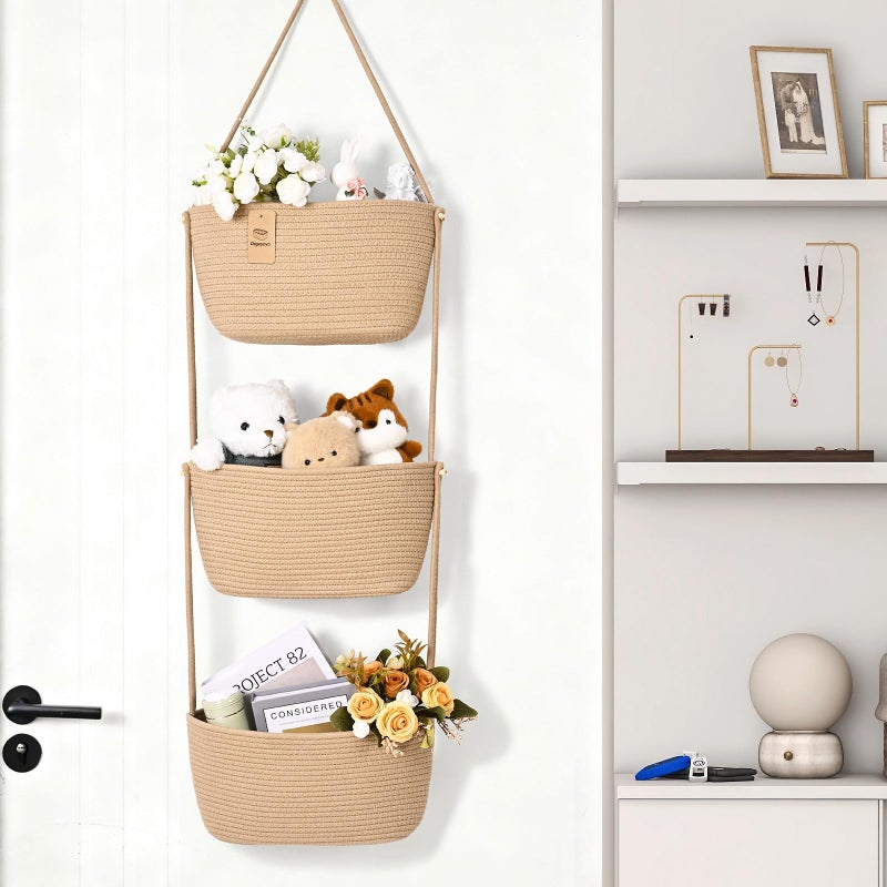 Degeyoyo Hanging Basket, 3-Tier Wall Baskets, Over the Door Organizer with 4 Hooks, Hanging Baskets for Organizing, Woven Storage Basket Behind the Door for Nursery, Bedroom, Living Room, Kitchen - Image 4
