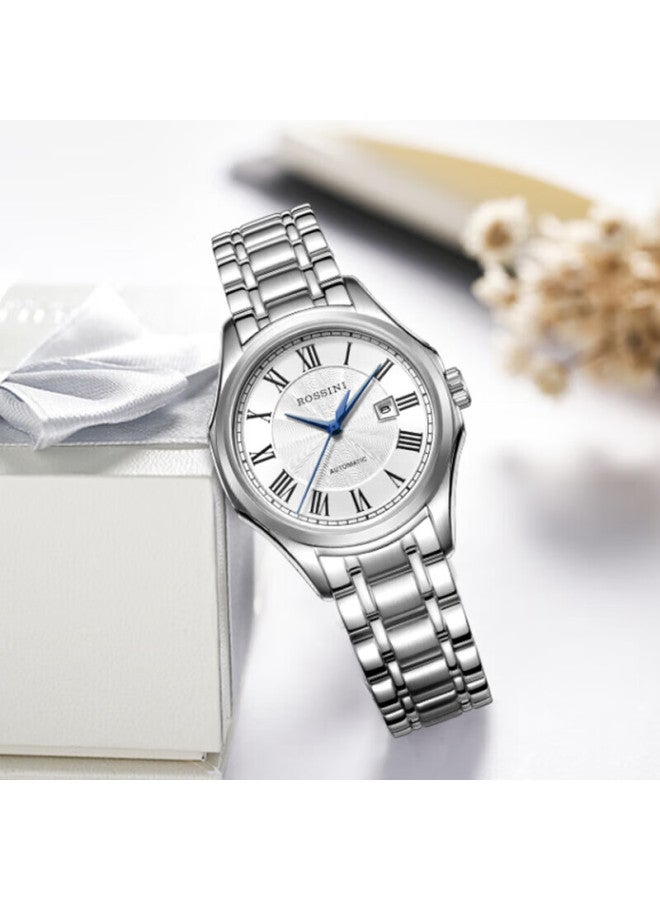 Rossini Women's Automatic Mechanical Watch With White Dial And Steel Strap, Birthday Gift For Girlfriend, Chinese Brand, Water-resistant, Light Luxury And Elegant Style 8714 - Image 1