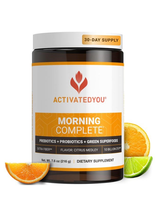 ACTIVATEDYOU - Morning Complete Daily Wellness Greens Superfood Drink Mix for Gut Health w/Prebiotics, Probiotics, Antioxidants, Green Superfoods, 10 Billion CFUs, 30 Servings (Citrus) - Image 1