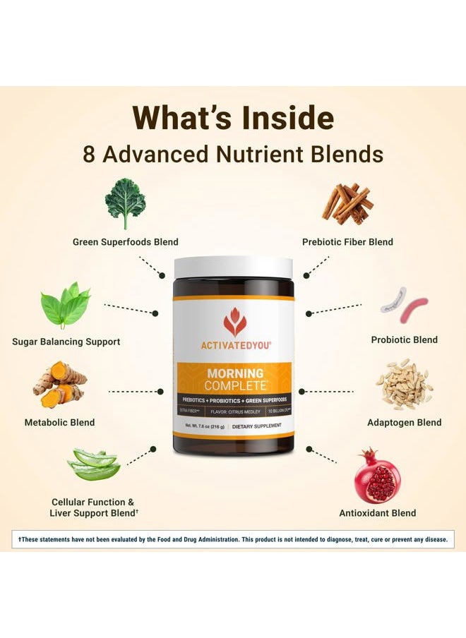 ACTIVATEDYOU - Morning Complete Daily Wellness Greens Superfood Drink Mix for Gut Health w/Prebiotics, Probiotics, Antioxidants, Green Superfoods, 10 Billion CFUs, 30 Servings (Citrus) - Image 1