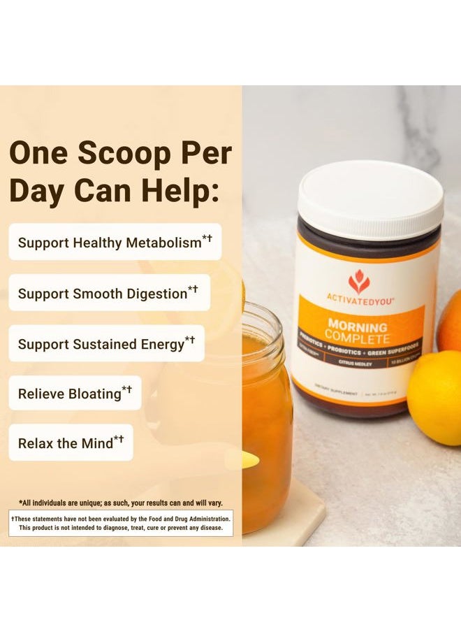 ACTIVATEDYOU - Morning Complete Daily Wellness Greens Superfood Drink Mix for Gut Health w/Prebiotics, Probiotics, Antioxidants, Green Superfoods, 10 Billion CFUs, 30 Servings (Citrus) - Image 1