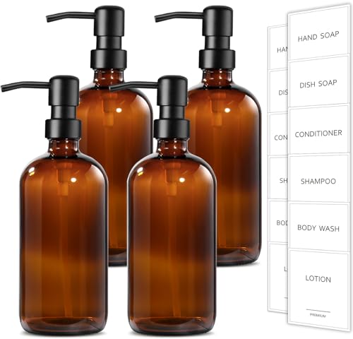 GMISUN Amber Glass Soap Dispenser 4 Pack Bathroom Hand Soap Dispensers with Stainless Steel Pump 17 Fl Oz Kitchen Hand and Dish Soap Dispenser Set Modern Vintage Liquid Brown Soap Dispensers Bottle - Image 1